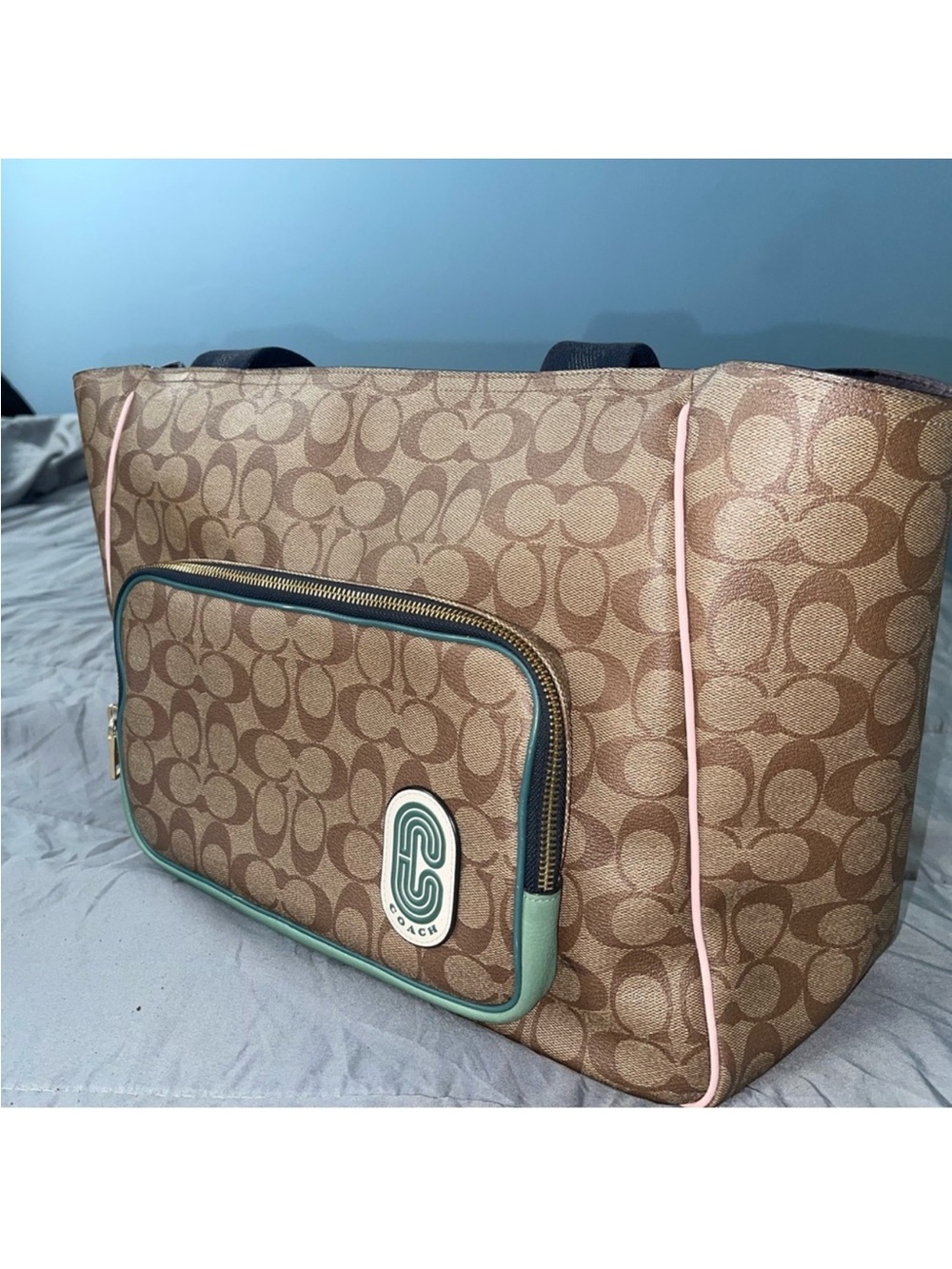 ISO Coach Brown Signature Tote with Mint and Pink Accents